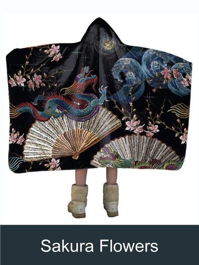 Japan Fan and Sakura Flowers Artisan Handcrafted Hooded Blanket-Mt Logan 5959-dragon,fan,flower,Japan,Japanese