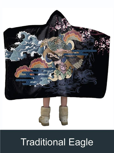 Japanese Traditional Eagle Artisan Handcrafted Hooded Blanket-Mt Logan 5959-bird,cherry blossoms,Japan,Japanese,waves,woodcut