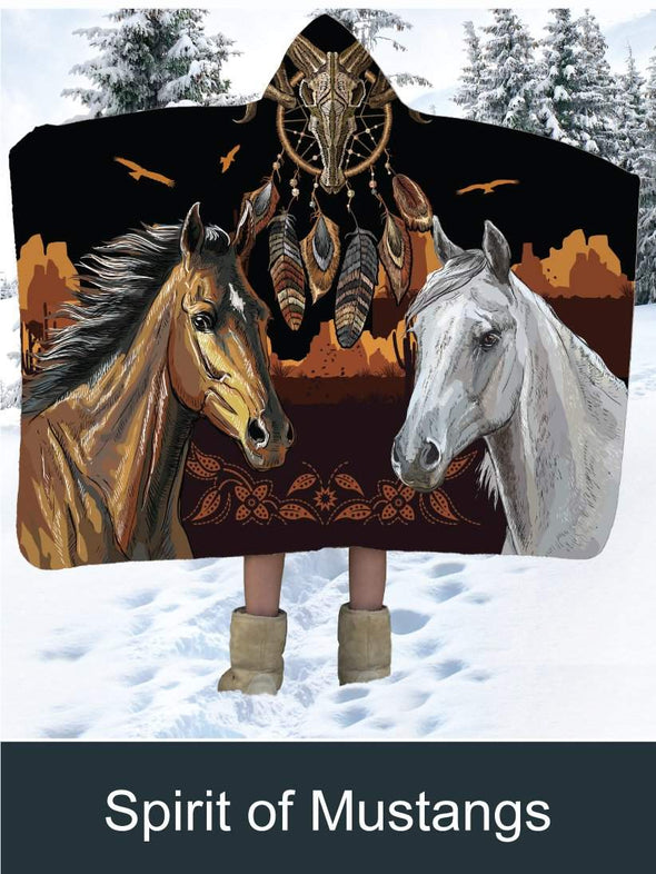 Spirit of Mustangs Artisan Handcrafted Hooded Blanket-Mt Logan 5959-birds,dreamcatcher,feathers,horses,mountains